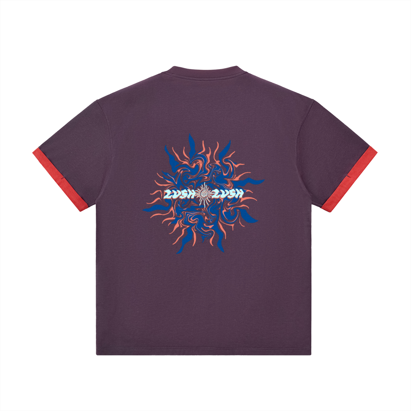Contrast ,Cuffed Sleeve,Deep Purple,Red,Bold Graphic,Lush Lush Studios,Tee Shirt